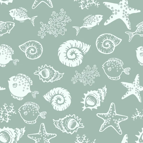 Hand drawn vintage sea background with underwater inhabitants Seamless texture of fish, sea grass, shells and starfish. Vector illustration.