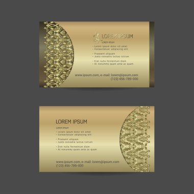 Kartvizit. Tek tek kartlar narin çiçekler, otlar, lekeli ve tüyleri ile. Şirin tasarımı kartvizit. Altın. Vektör set.