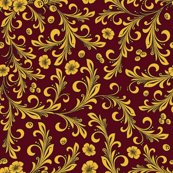 Hohloma em vermelho e ouro cores vetor padrão sem costura. Design de decoração tradicional russo . — Vetor de Stock