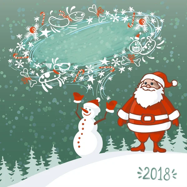Vektorillustration av en abstrakt jul Hälsningskort med snögubbe, jultomten och blizzard bubbla för text med glada hundar på vintern bakgrund. — Stock vektor