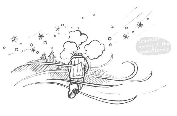 Homem desenhado à mão caminhando no dia gelado frio — Vetor de Stock