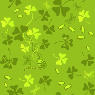 Yonca sorunsuz vektör desen bırakır. St Patricks günü yeşil arka plan. Shamrock duvar kağıdı