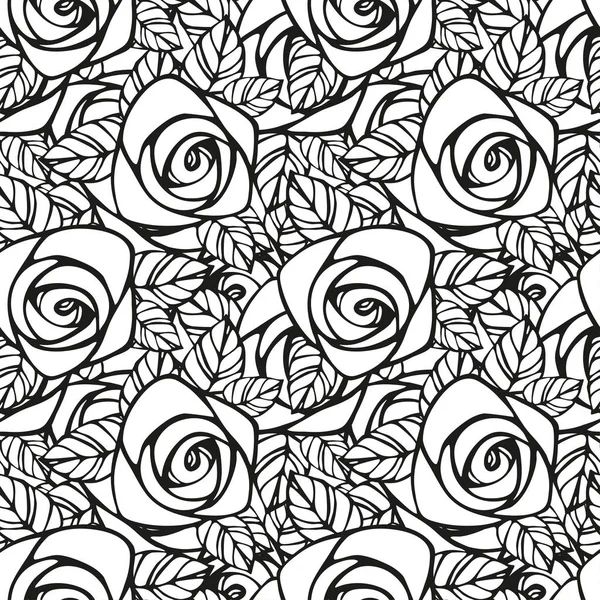 Nahtloses Muster mit schwarz-weißer Rosensilhouette. Blumentapete — Stockvektor