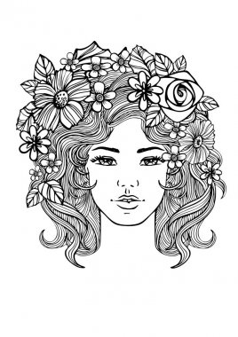 Güzel bir kadın yüzü ve çiçek desenli. Doodle çiçekler. Siyah ve beyaz