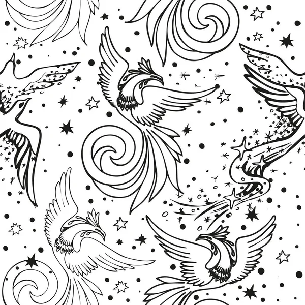 妖精の鳥とシームレスなボーダー パターン。華やかな装飾的なベクター デザイン. — ストックベクタ