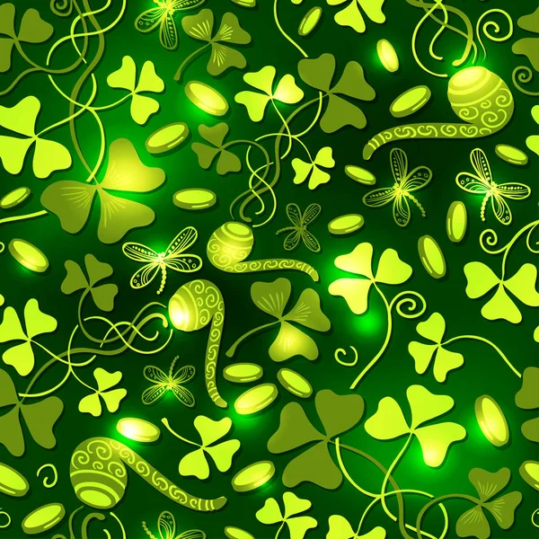 Kleeblätter hinterlassen ein nahtloses Muster. St. Patricks Day grüner Hintergrund. Shamrock-Tapete — Stockfoto