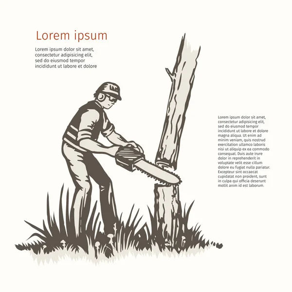 Handgezeichnete Skizze. Stehender Bauarbeiter mit Kettensäge. Vektor-Illustration auf weißem Hintergrund — Stockvektor