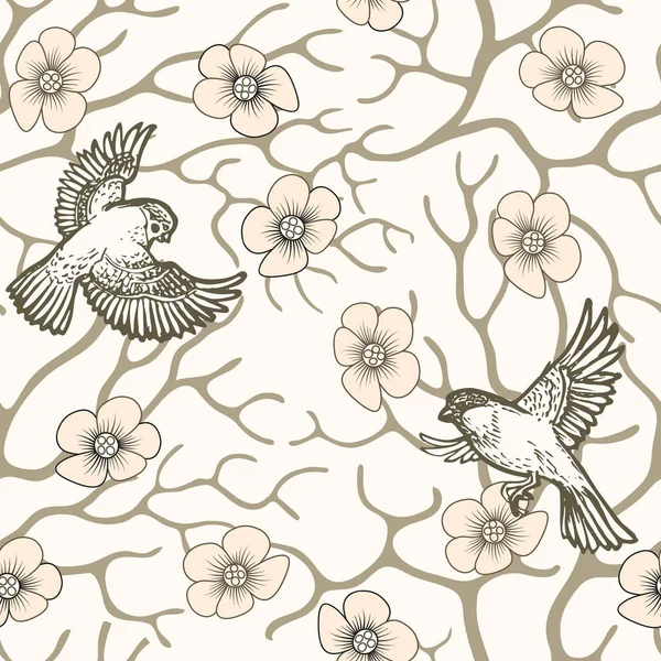 Flor de sakura y aves patrón sin costura — Vector de stock