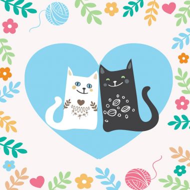 İllüstrasyon karakter tasarımı sevgililer gününde kedi sevgisi ve aşk kelimesi.