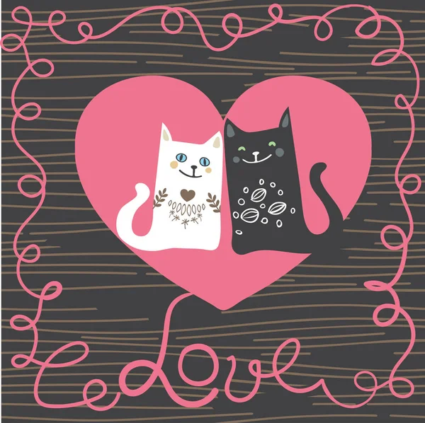 Illustration draw character design couple love of cat in valentine day and word love — Stock Photo, Image