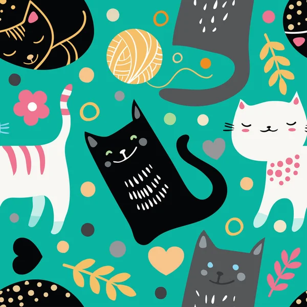 Vector seamless pattern with hand draw textured cats in graphic doodle style. Colored endless background. — Stock Vector