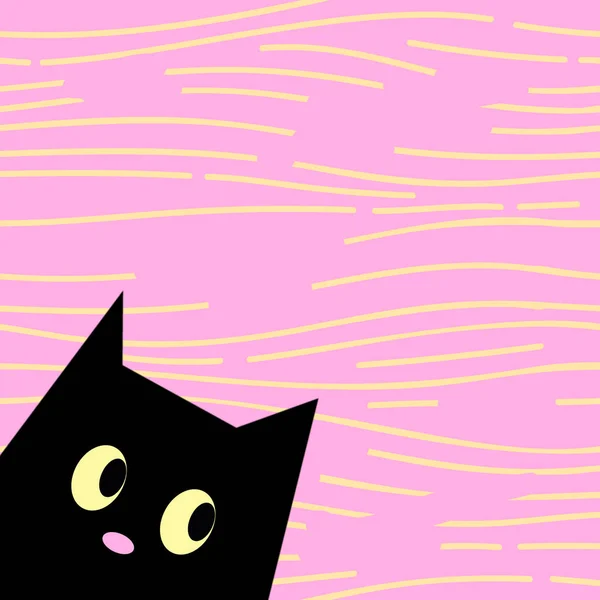 Czarny kot twarz na różowym i żółtym tle z poziomymi przerywanymi liniami fal — Zdjęcie stockowe