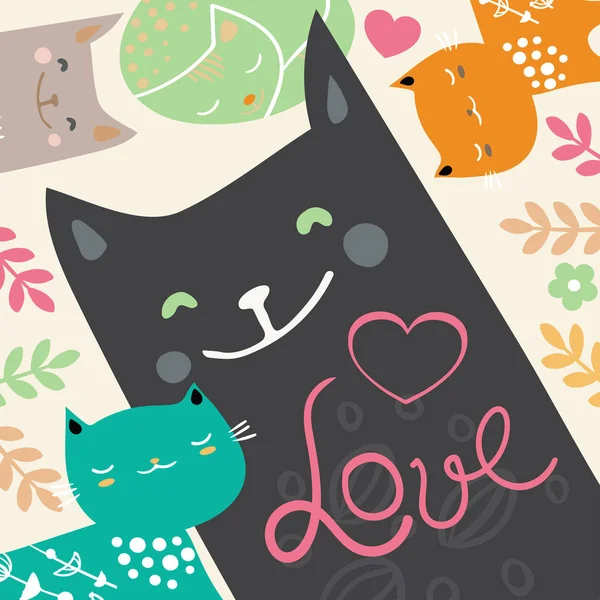 Ilustración vectorial dibujar carácter diseño pareja amor de gato en valentine día y palabra amor — Vector de stock