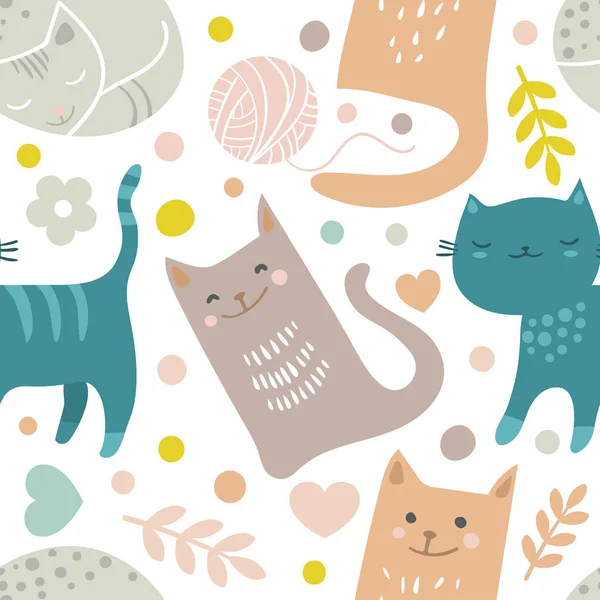 Vector seamless pattern with hand draw textured cats in graphic doodle style. Colored endless background. — Stock Vector