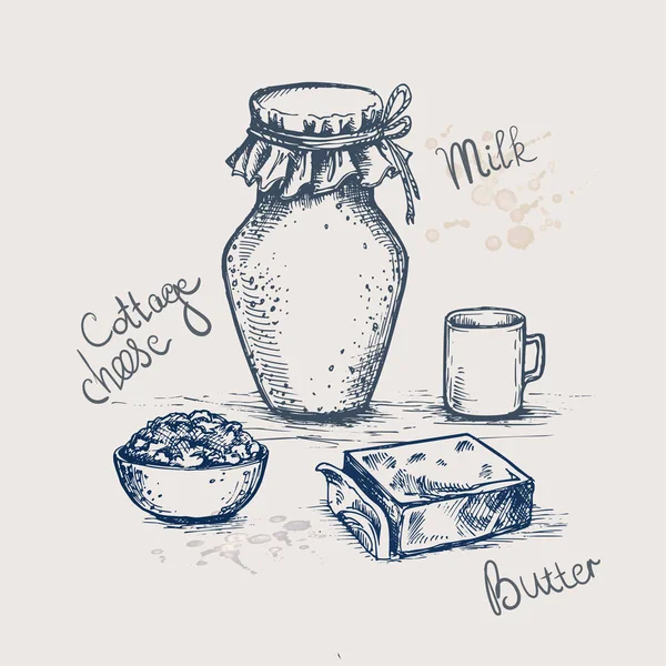 Set di latticini disegnati a mano con inchiostro vettoriale. Latte, ricotta, burro e scritte. illustrazione schizzo vintage per ricetta, stampa . — Vettoriale Stock