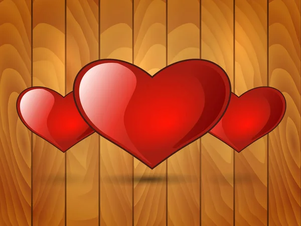 लाकडी पार्श्वभूमीवर तीन लाल चमकदार हृदय — स्टॉक व्हेक्टर