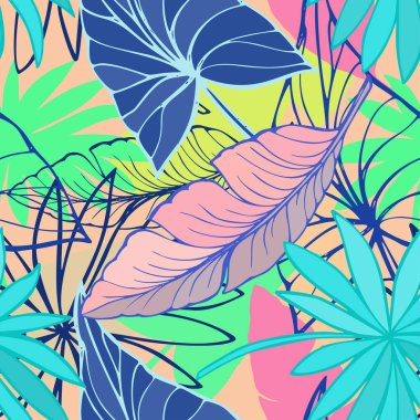 vektör Dikişsiz güzel sanatsal parlak tropikal desen muz, Syngonium ve Dracaena yaprak, yaz plaj eğlencesi ile renkli özgün şık çiçek arka plan yazdırma, fantastik orman