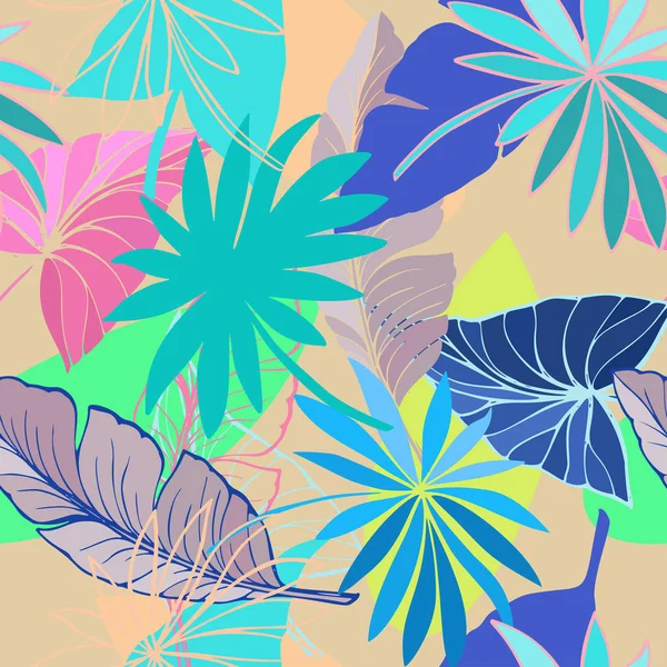 Vector sömlös vackra konstnärliga ljusa tropiska mönster med banan, Syngonium och Dracaena löv, sommaren beach fun, färgglada ursprungliga elegant blommig bakgrund skrivs ut, fantastisk skog — Stock vektor