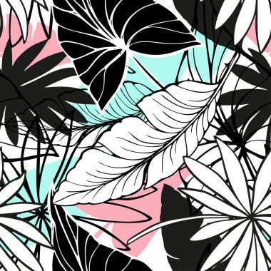 vector seamless beautiful artistic bright tropical pattern with banana, Syngonium and Dracaena leaf, summer beach fun, original stylish floral background print, fantastic forest clipart