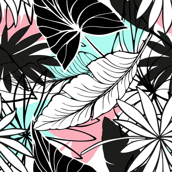 シームレスな美しい芸術的な明るい熱帯パターン ベクトル バナナ、Syngonium、ドラセナの葉、夏のビーチの楽しい、オリジナルのスタイリッシュな花柄背景を印刷、幻想的な森 — ストックベクタ