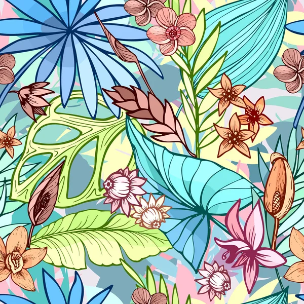 Vektor bezešvé krásné umělecké světlé tropické vzorek s banánem, Syngonium a Dracaena list, letní plážová zábava, barevné originální stylové květinové pozadí tisk, fantastická lesní — Stockový vektor