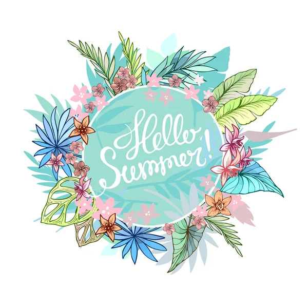 Hello Summer typographical background with tropical plants. — Stock Vector