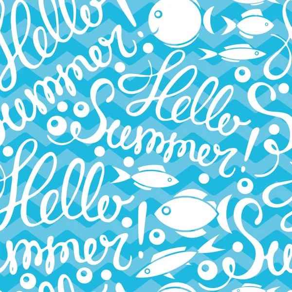 Seamless pattern of fish in the sea and Summer lettering, vector illustration — Stock Vector