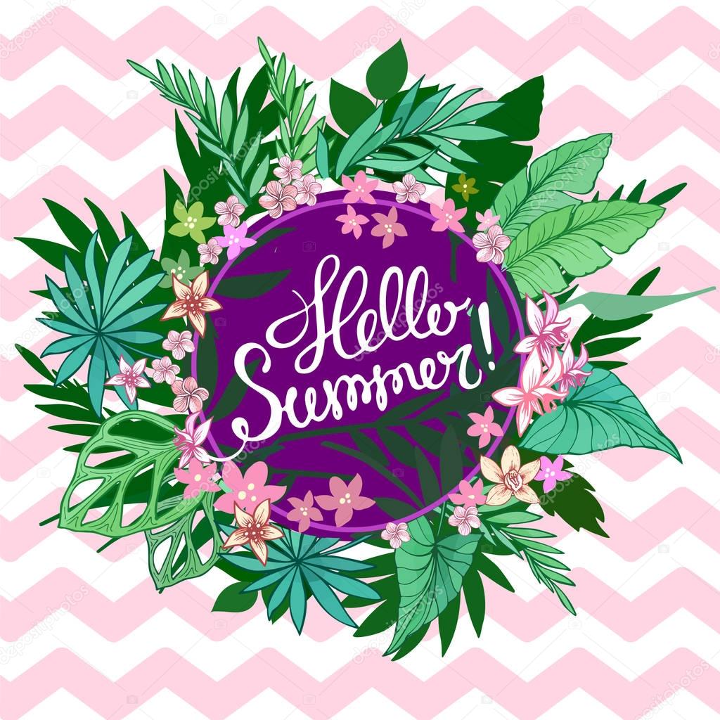 Summer tropical background with exotic palm leaves and plants. Vector floral background.