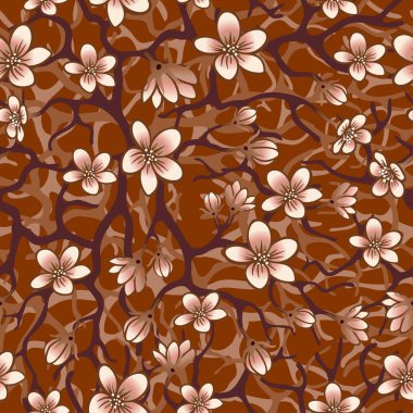 Vektör sorunsuz arka plan sakura çiçekleri, Cay ve yeşillik ile. EPS illüstrasyon kahverengi tonlarında özetlenen.
