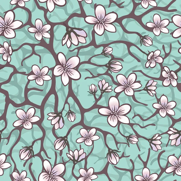 Fundo sem costura vetorial com flores sakura, brunches e folhagem. Eps ilustração delineada em tons de azul . — Vetor de Stock