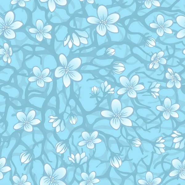 Fondo sin costura vectorial con flores de sakura, brunches y follaje. Eps describió la ilustración en tonos de azul . — Vector de stock