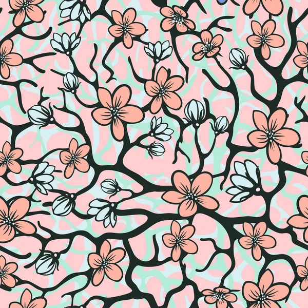 Fond vectoriel sans couture avec fleurs de sakura, brunchs et feuillage. Eps esquissé illustration dans les tons de bleu . — Image vectorielle