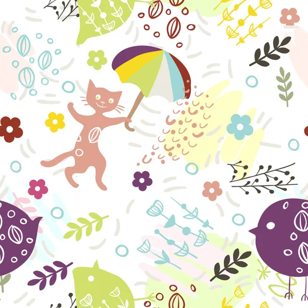Seamless mönster med söta kitty, fåglar, paraply och blommor på vit bakgrund. Skriva ut för tyg, tapet, gratulationskort. — Stock vektor