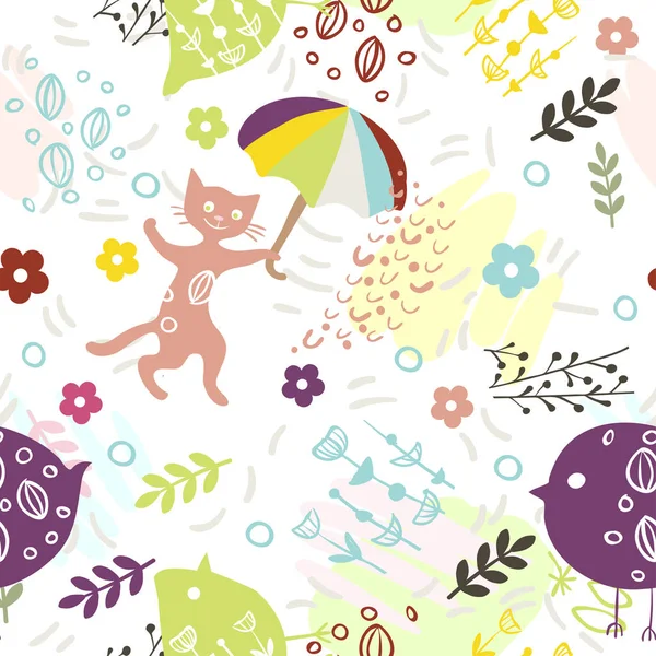 Seamless pattern with cute kitty, birds, umbrella and flowers on white background. Print for fabric, wallpaper, greeting card. — Stock Vector