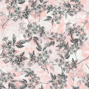 Floral outline spring seamless pattern. Vector composition for romantic backgrounds, wallpaper, covers, coloring pages clipart