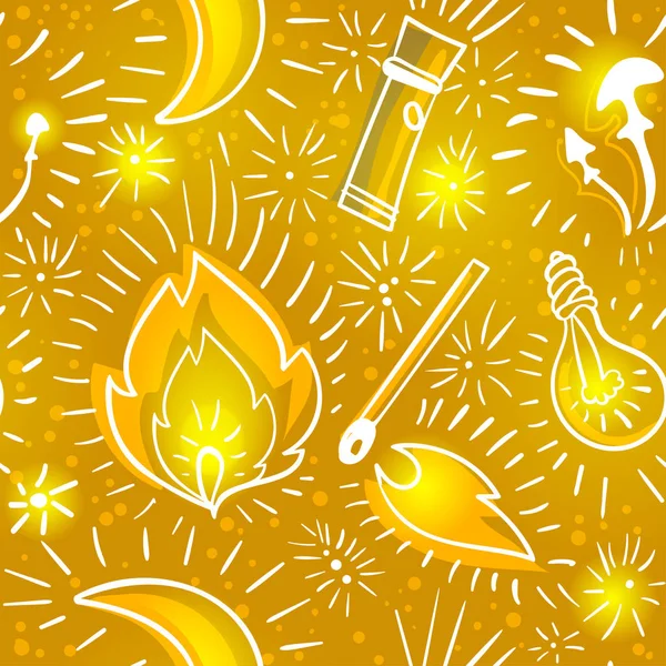 Żółty wzór z doodle szkic z świecących elementów — Wektor stockowy