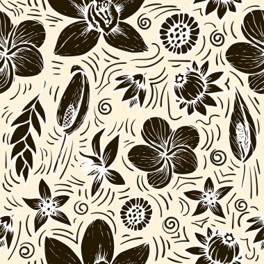 vector seamless beautiful artistic bright tropical pattern with banana, Syngonium and Dracaena leaf, summer beach fun, black and white original stylish floral background print. clipart
