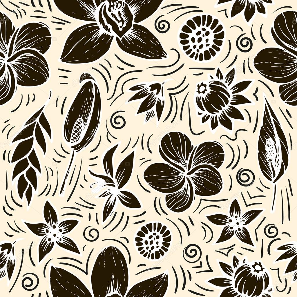 vector seamless beautiful artistic bright tropical pattern with banana, Syngonium and Dracaena leaf, summer beach fun, black and white original stylish floral background print.