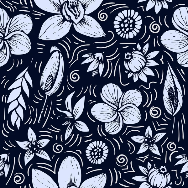 Vector sömlös vackra konstnärliga tropiska mönster med banan, Syngonium och Dracaena blad, sommaren beach fun, svarta och vita ursprungliga elegant blommig bakgrund print. — Stock vektor