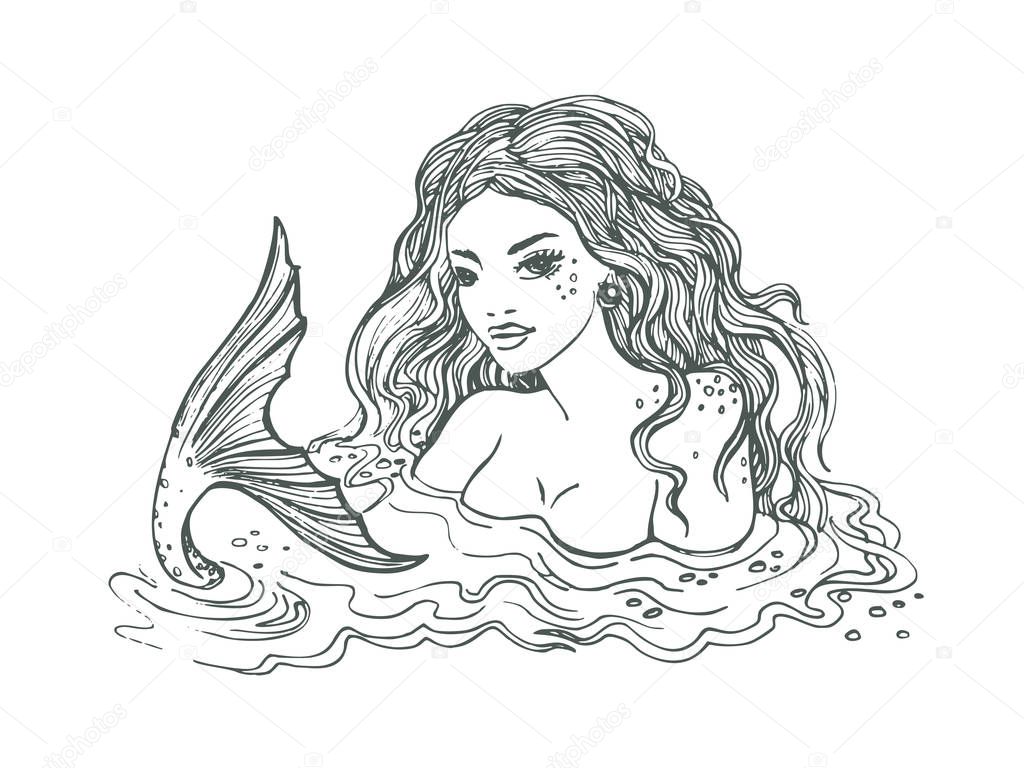 Black and white hand drawn mermaid, on white background, linen vector illustration