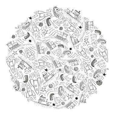 Siyah ve beyaz satır sanat vektör elle çizilmiş set karikatür doodle araç. Yuvarlak kompozisyon