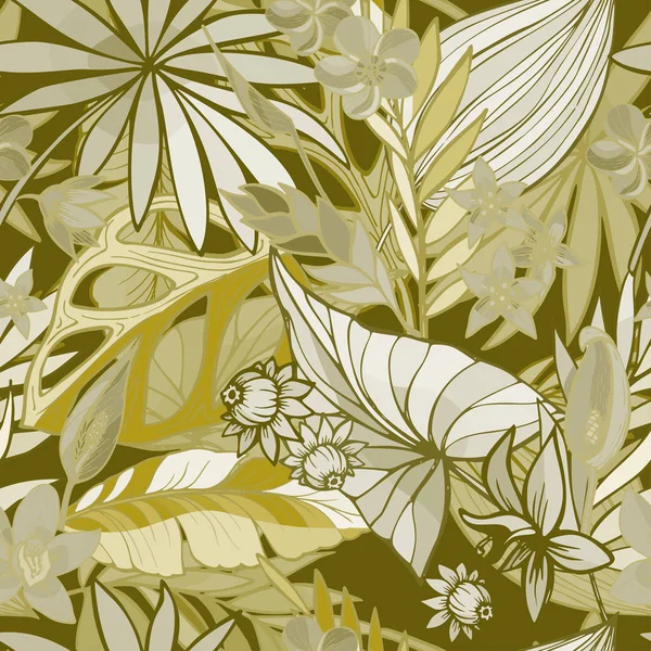 Vektör Dikişsiz güzel sanatsal parlak tropikal desen muz, Syngonium ve Dracaena yaprak, yaz plaj eğlencesi ile renkli özgün şık çiçek arka plan yazdırma, fantastik orman — Stok Vektör