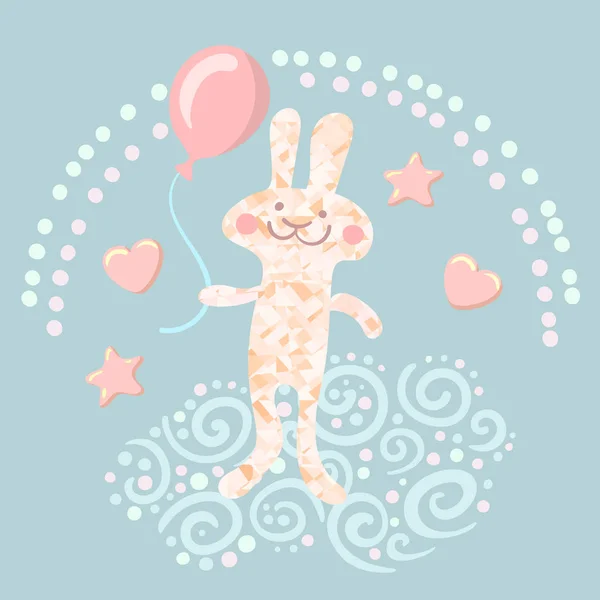 Ładny zabawny królik zając, z piłką clew, roll druty do robótek ręcznych i przywiązane kokarda kwiatowy wzór — Wektor stockowy