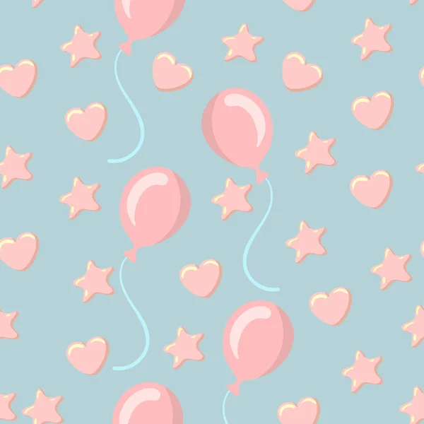 Vector handgetekende textuur met hartjes, sterren en ballonnen — Stockvector