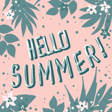 Merhaba tebrik kartı, davetiye, davetiye el çekilmiş palm ile yaz yaprakları, çiçekleri ve yazı. Tropikal orman tasarımı. Vektör çizim arka plan.