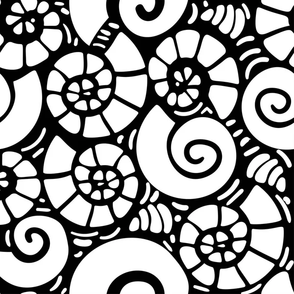 Padrão sem costura abstrato. Ilustração desenhada à mão de caracol bege. Estilo Doodle. Fundo preto. Para tecido, tecido, estampas, têxteis, decorações, design. Ilustração vetorial . —  Vetores de Stock