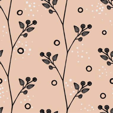 Küçük yapraklar, dallar bitkilerin çiçek sorunsuz arka plan. Basit desen. Soluk pembe ve koyu gri renk baskı, doku, paketleme, scrapbooking vektör çizim Millefleurs için fikir