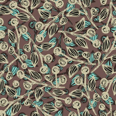 Küçük yapraklar, dallar bitkilerin çiçek sorunsuz arka plan. Basit desen. Mavi, bej ve kahverengi renk baskı, doku, paketleme, scrapbooking vektör çizim Millefleurs için fikir