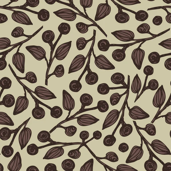 小さな葉と花のシームレスな背景は、植物の小枝します。単純なパターン。淡いピンクと濃いグレー色の印刷、包装、スクラップブッ キングのベクトル図 Millefleurs 組織のためのアイデア — ストックベクタ