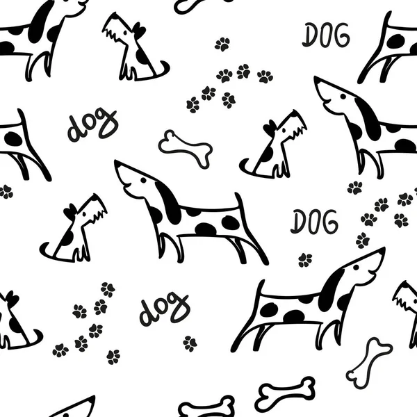 Schwarz-weiße Tiere im Hintergrund. nahtlose Textur mit Haustieren. Lustige Hunde. Hund Vektor nahtlose Muster. Handgezeichneter Kritzelhund — Stockvektor